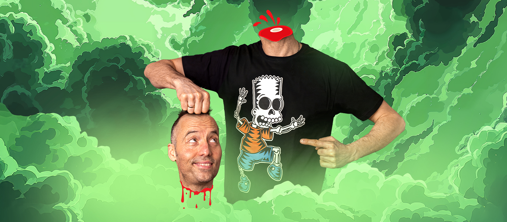 Komiker Torben Chris står foran en grøn baggrund og er redigeret, så det ligner at han har fået skåret hovedet af og holder det i sin hånd. Han smiler fjollet og kigger op på sin krop. Under ham står titlen på det nye show: Latter Lig.